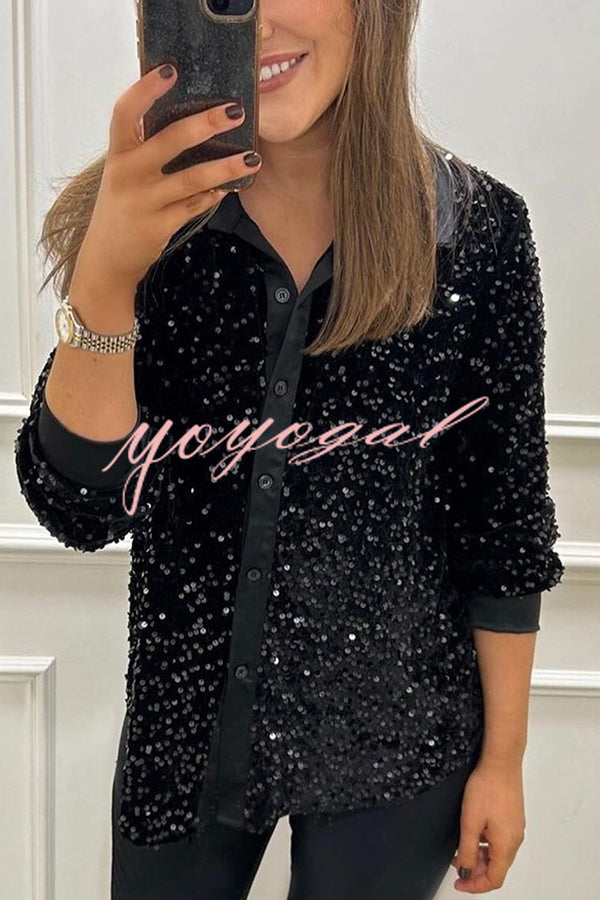 Fashion Velvet Sequined Loose Casual Long-sleeved Shirt