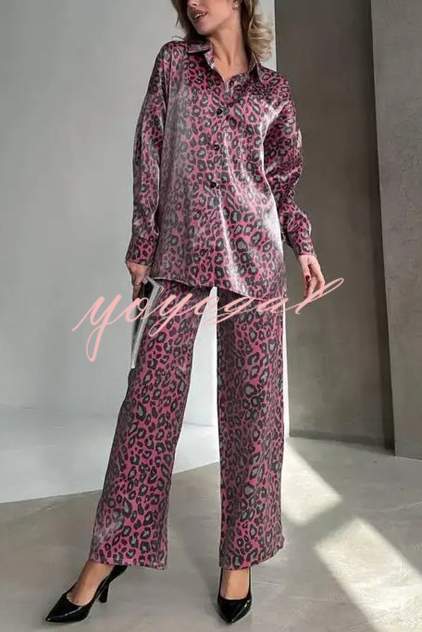 Leopard Print Long-sleeved Casual Top and Loose Elastic Waist Tie Pants Set