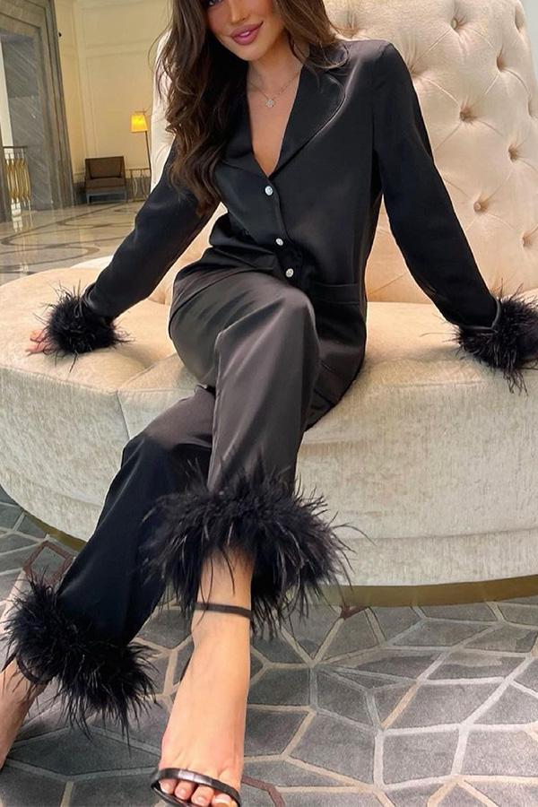 Solid Color Lapel Feather Trousers Two-piece Suit