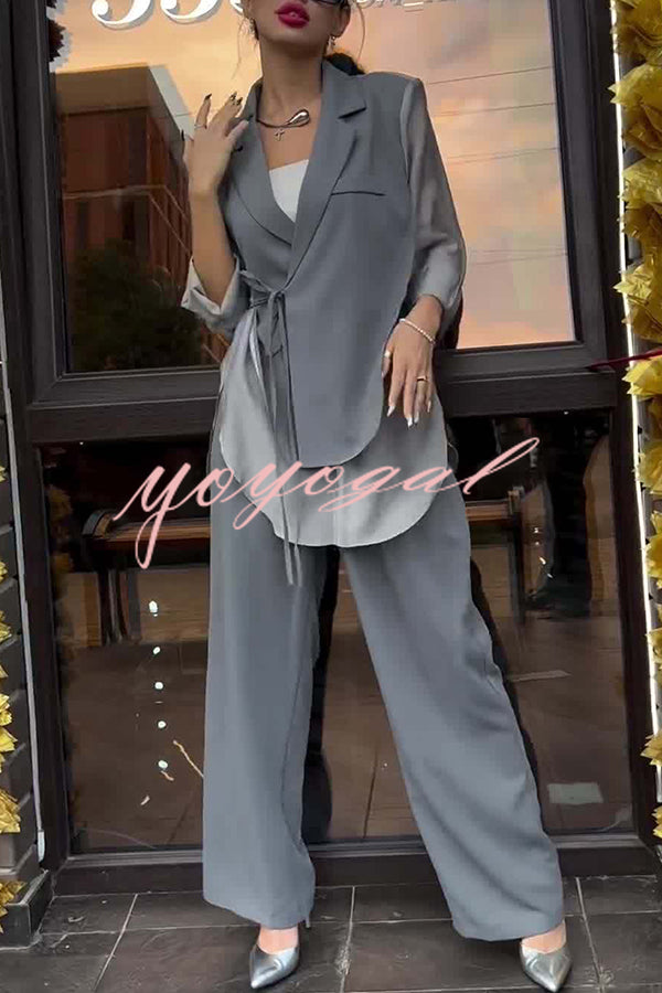 Chic and Elegant Chiffon Patchwork Irregular Lace-up Jacket and Pocketed Straight-leg Pants Set