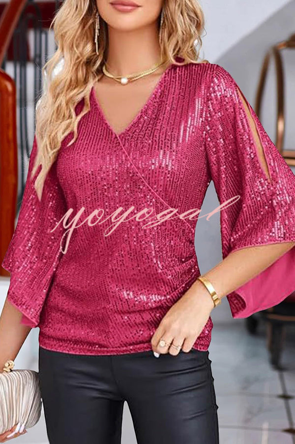 Solid Color Sequined V-neck Hollow Sleeve Slim Fit Top