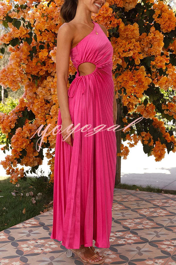 Charming One Shoulder Lace Up Cutout Pleated Maxi Dress