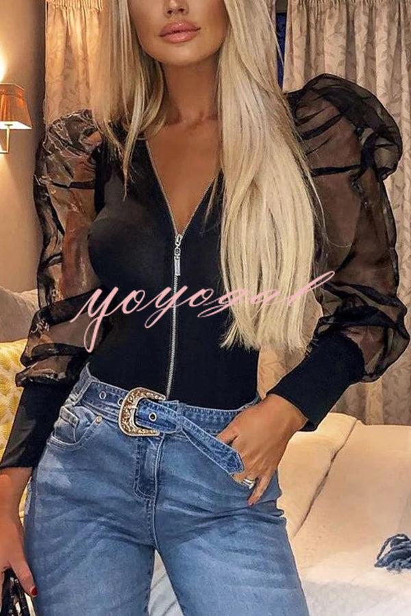 Solid Color Zip Front Sheer Puff Sleeves Bodysuit