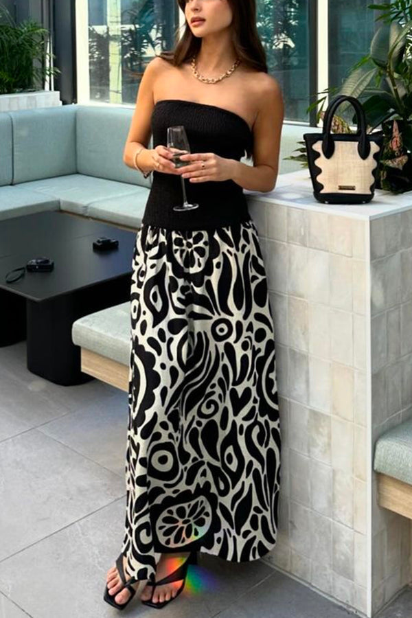 Gina Contrast Color Unique Print Strapless Stretch Maxi Dress