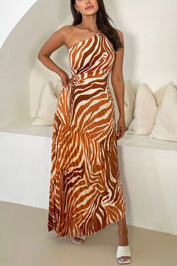 Elora Pleated Zebra Print One Shoulder Drawstring Cutout Maxi Dress