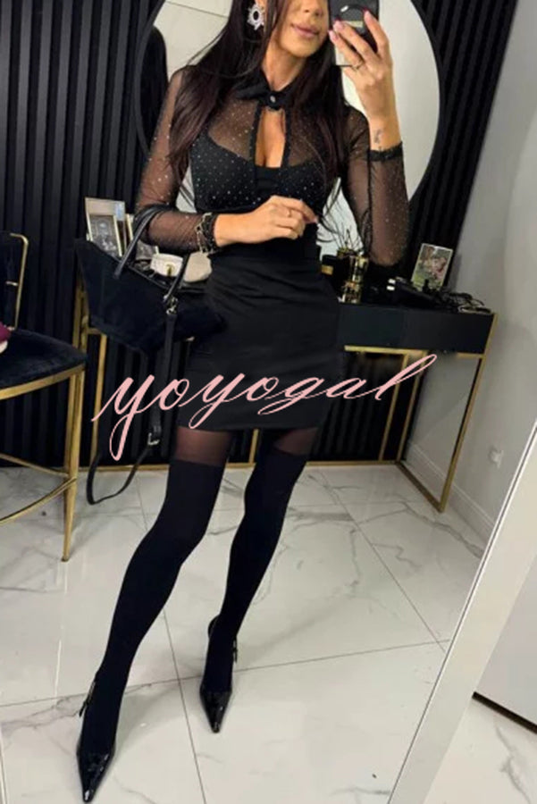 Stevie Mesh Glitter Fabric Cutout Shirt Neck Long Sleeve Stretch Mini Dress