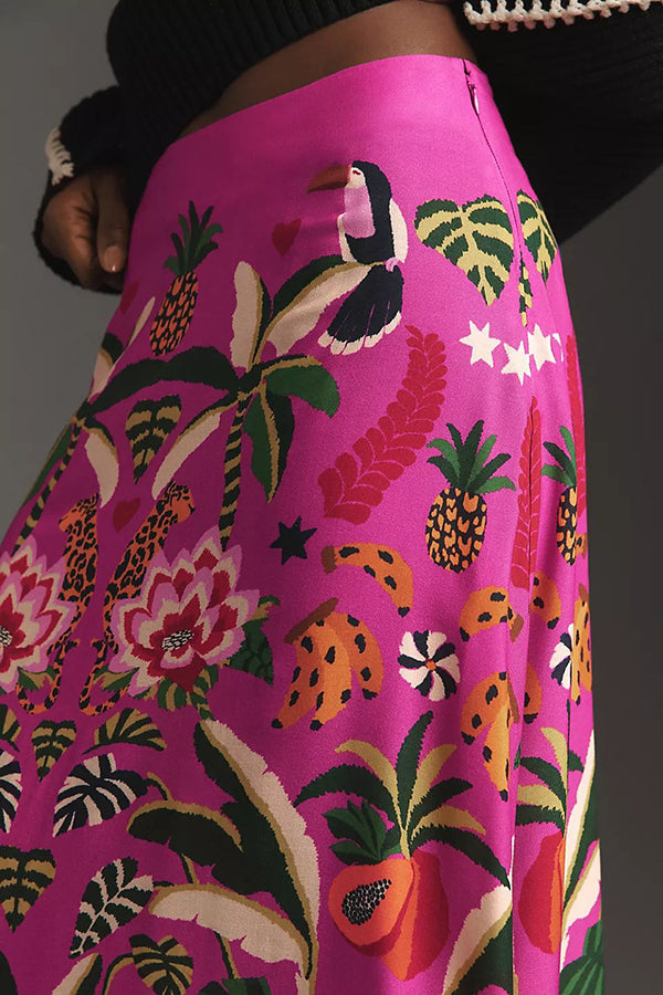 Creative Tropical Rainforest Unique Print High Rise Midi Skirt