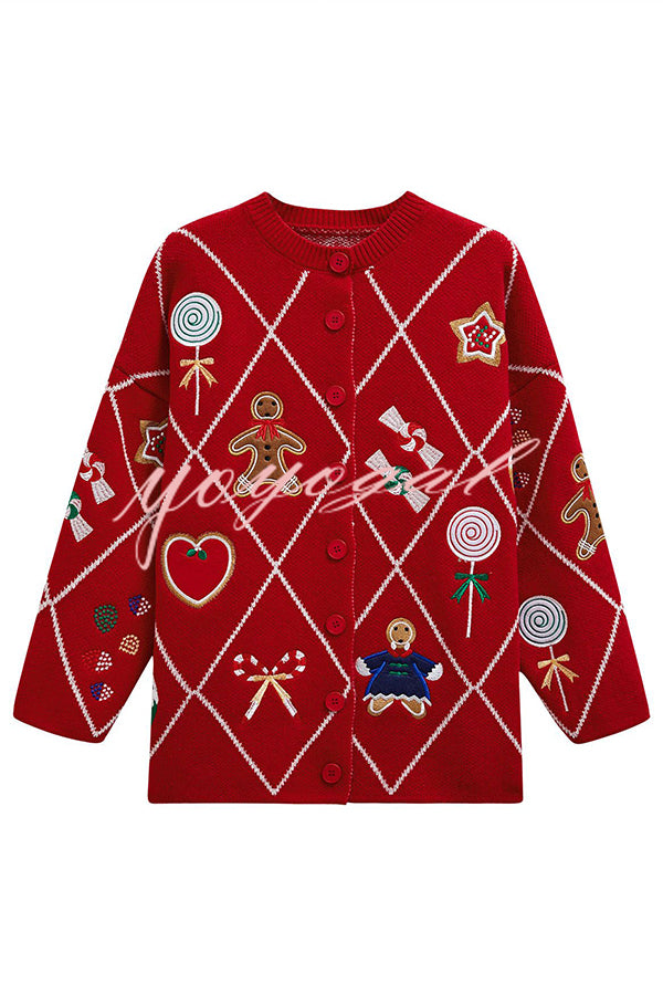 Argyle Candy Gingerbread Man Embroidered Button-knit Cardigan