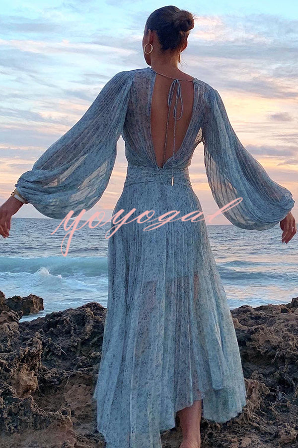 Dreamy Seaside Floral Balloon Sleeve Pleated Lightweight Maxi Dress