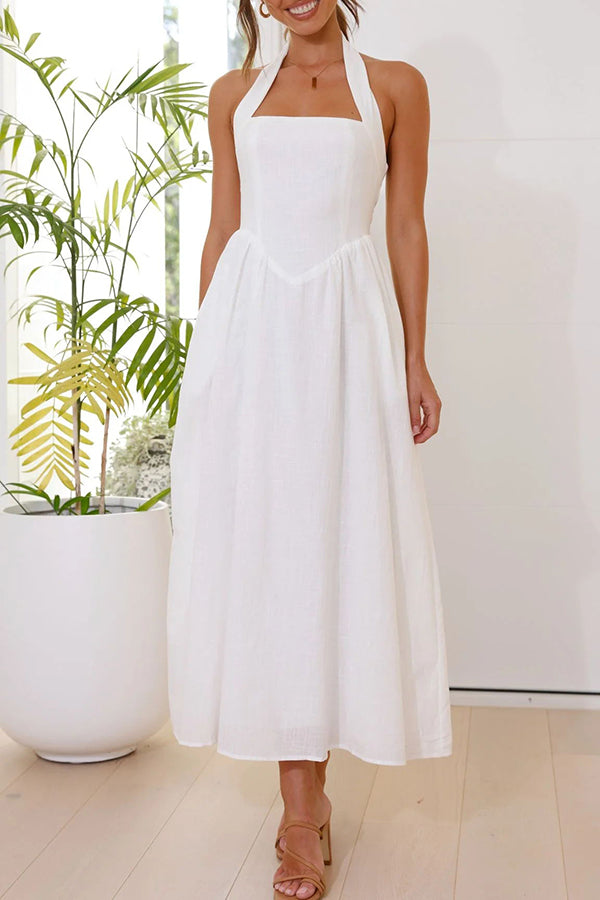 Brunch in Bali Linen Blend Halter Neck Pocketed Maxi Dress