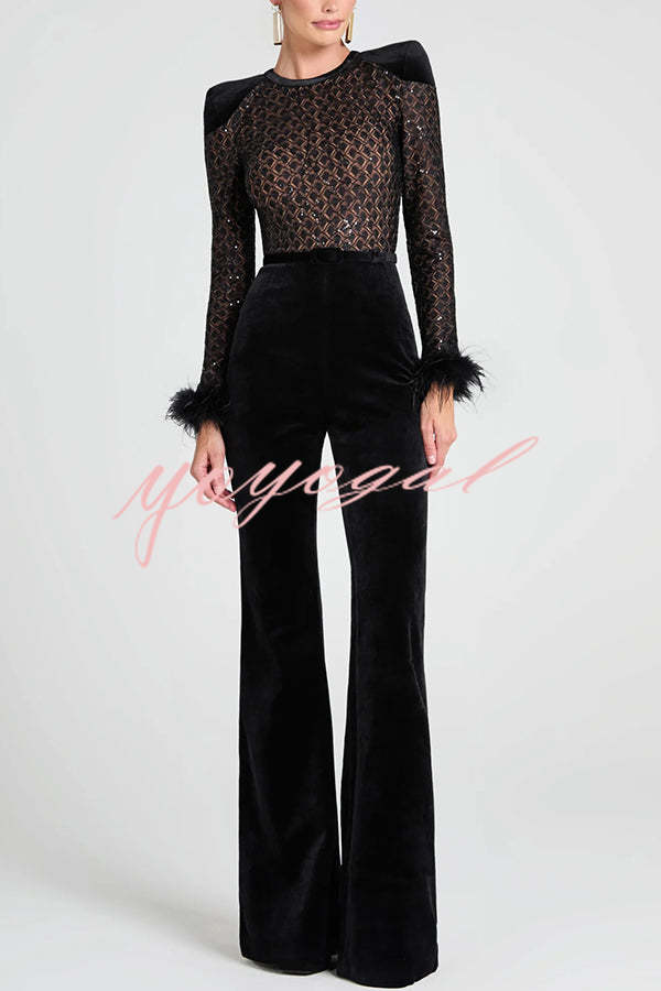 Monique Fish Scale Lace Sequin Velvet Patchwork Feather Trim Belted Stretch Flare Jumpsuit