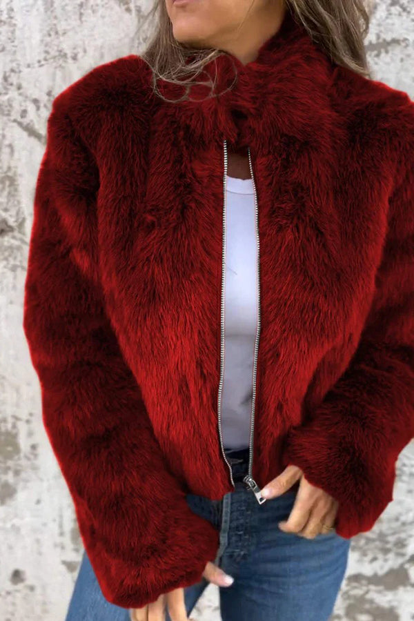 Stylish Faux Fur Turtleneck Zipper Casual Jacket