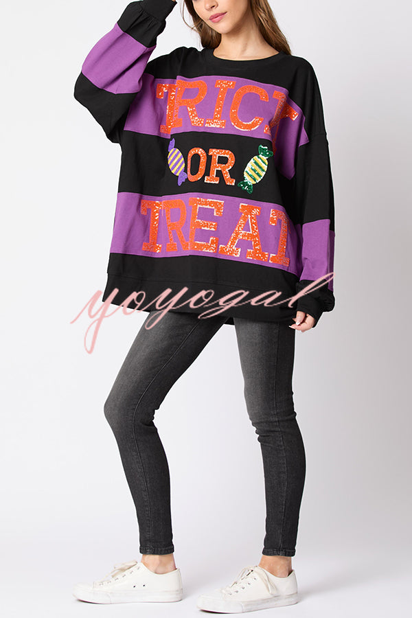 Halloween Letter Sequined Color Block Loose Casual Sweatshirt