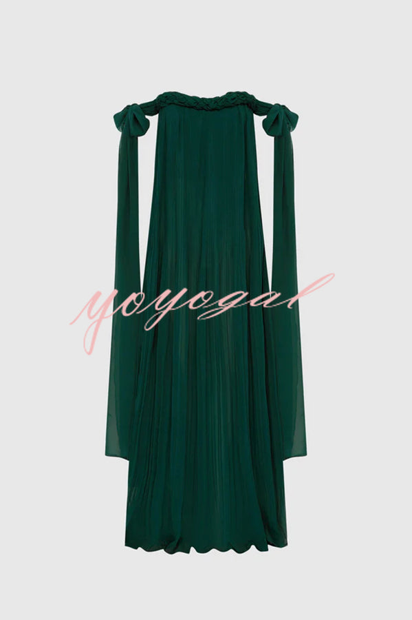 Fairy Spirit Tulle Braided Neckline Tie Arm Straps Pleated Maxi Dress