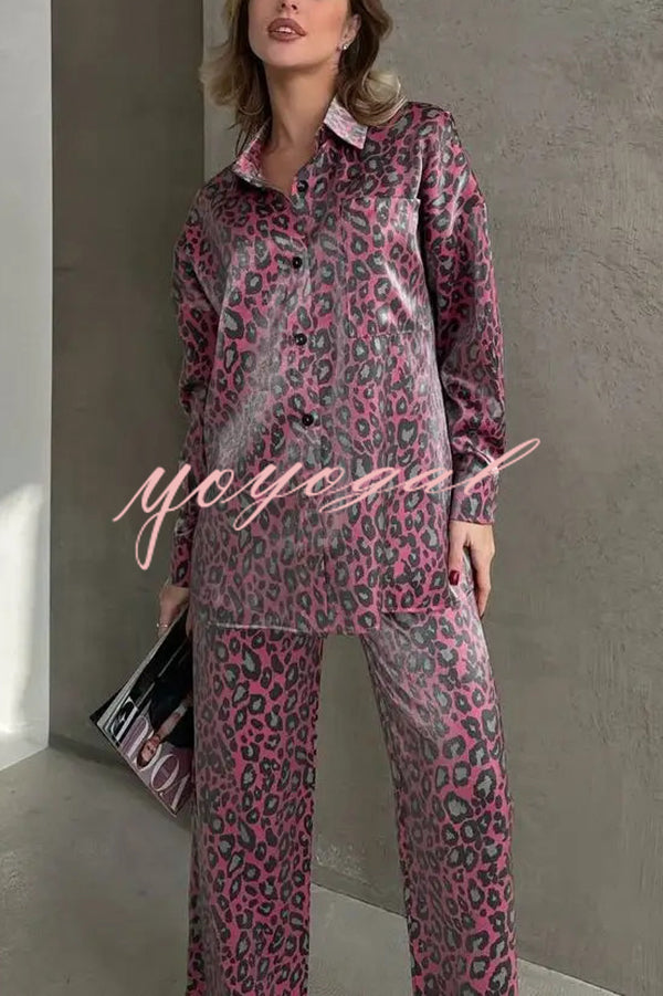 Leopard Print Long-sleeved Casual Top and Loose Elastic Waist Tie Pants Set