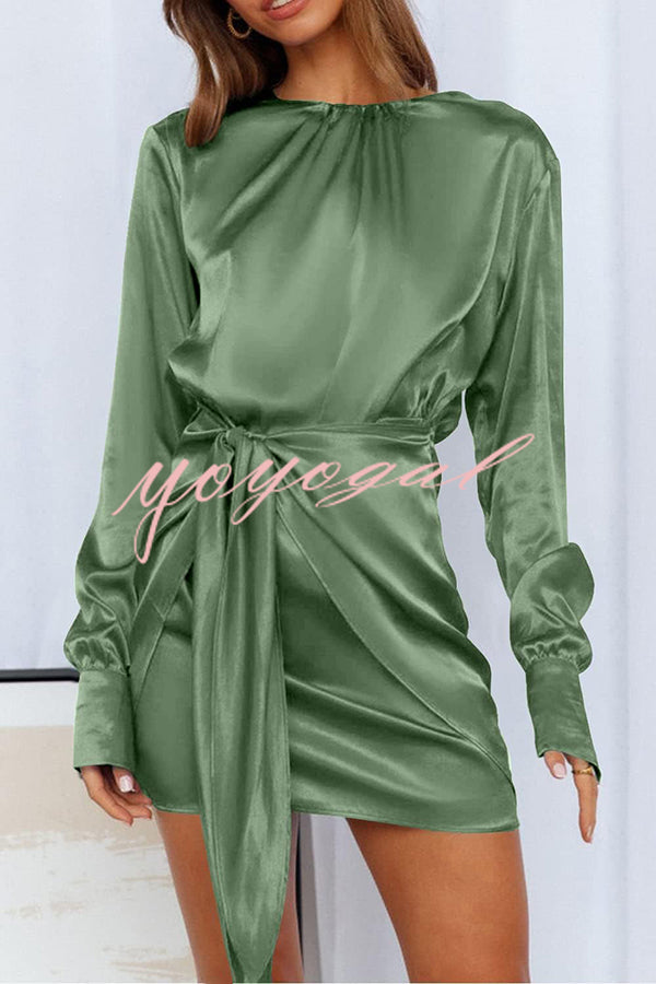 Satin Round Neck Long Sleeve Elastic Tie Mini Dress