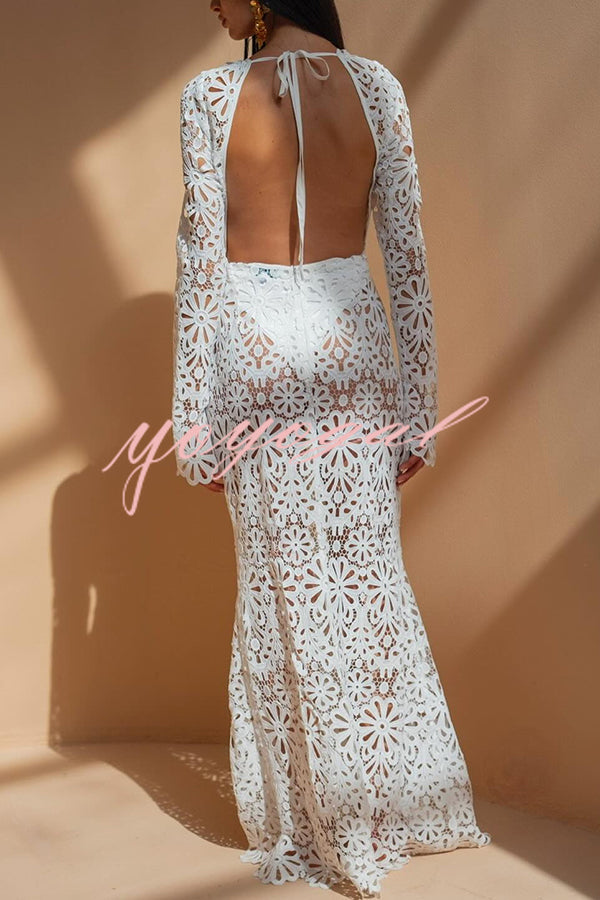 Ocean Breeze Crochet Lace Floral Pattern Backless Tie-up Vacation Maxi Dress