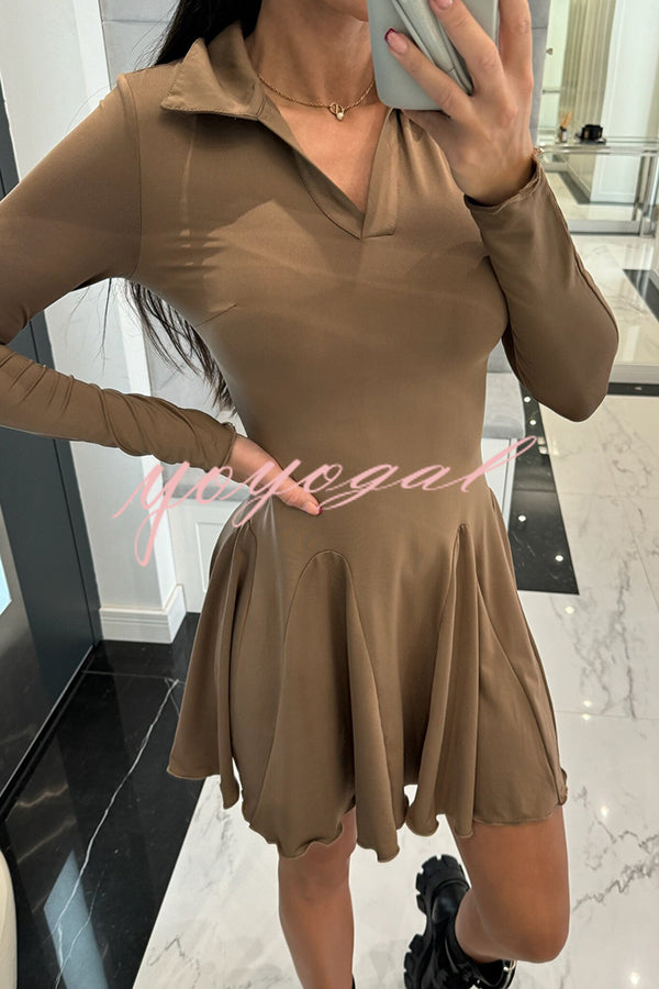 Solid Color Lapel Long Sleeve Slim Fit Waist Mini Dress