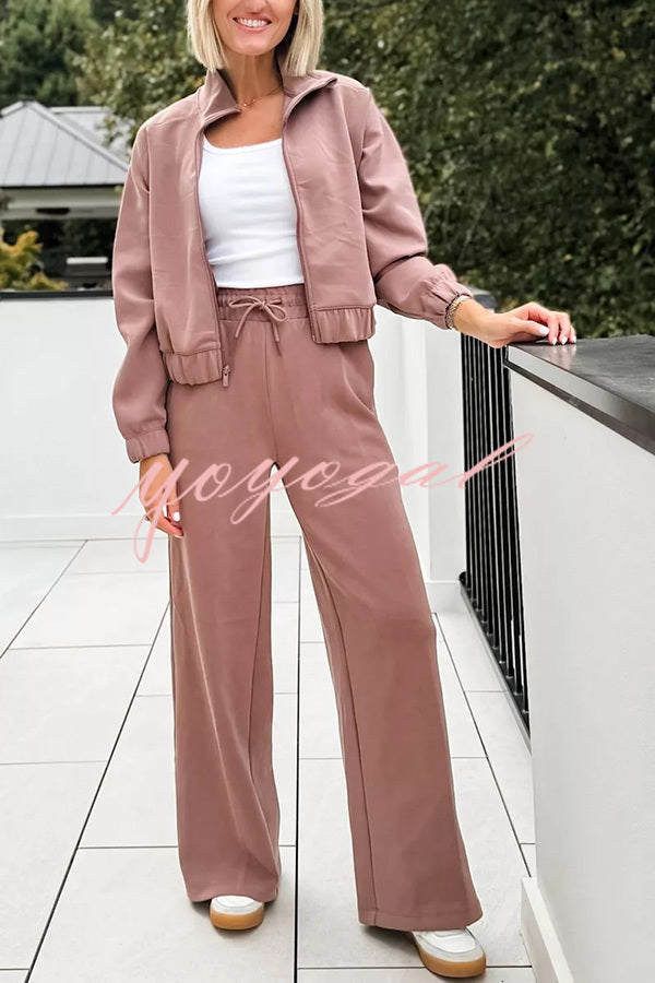 Airy Sleek Full Zip Jacket and High Rise Elastic Waist Pocket Wide Leg Sweatpants Set