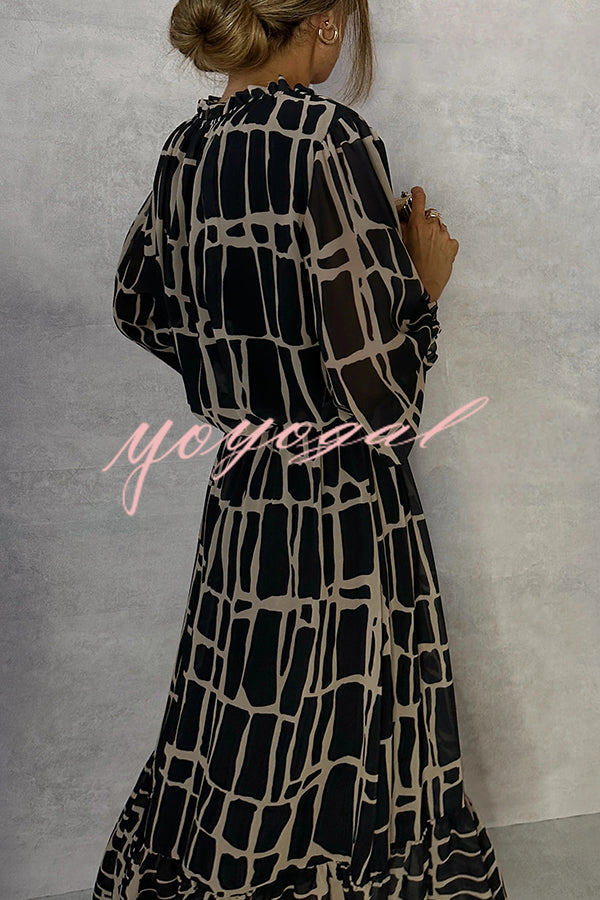 Unique Printed V-neck Tie-up Waist Long-sleeve Maxi Dress