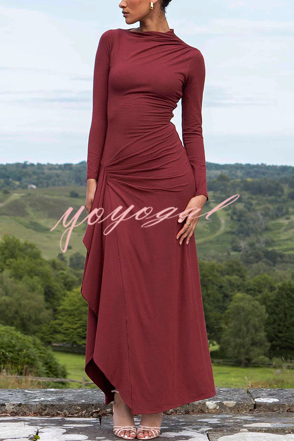 Venus Long Sleeve Ruched Side Slit Drape Ruffles Back Lace-up Stretch Maxi Dress