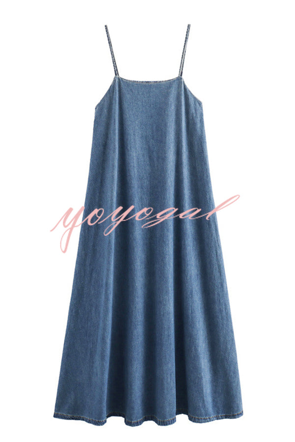 Tenaya Denim Back Elastic A-line Loose Slip Maxi Dress