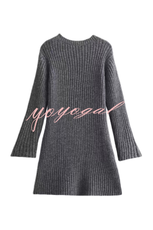 Beautiful Basic Ribbed Knit Long Slit Sleeve Flare Stretch Dress