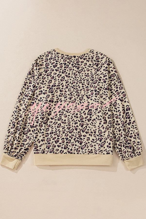 Leopard Print Crew Neck Patchwork Long sleeve Casual Loose Sweatshirt