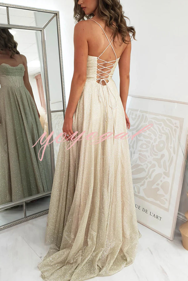 Cinderella Glitter Tulle Fabric Cowl Neck Back Lace-up Pocketed Slit Maxi Dress