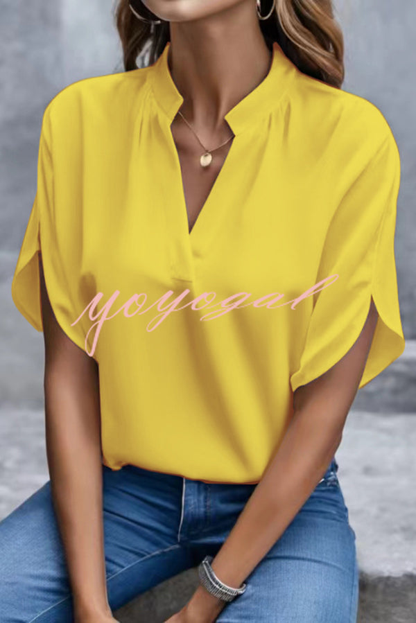 Solid Color V-neck Short-sleeved Casual Loose Shirt Top