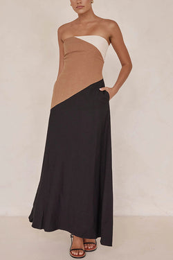 Calissa Asymmetrical Colour Block Strapless Pocketed A-line Maxi Dress