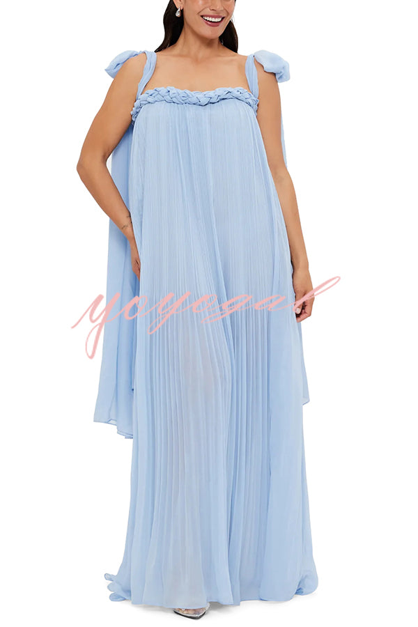 Fairy Spirit Tulle Braided Neckline Tie Arm Straps Pleated Maxi Dress