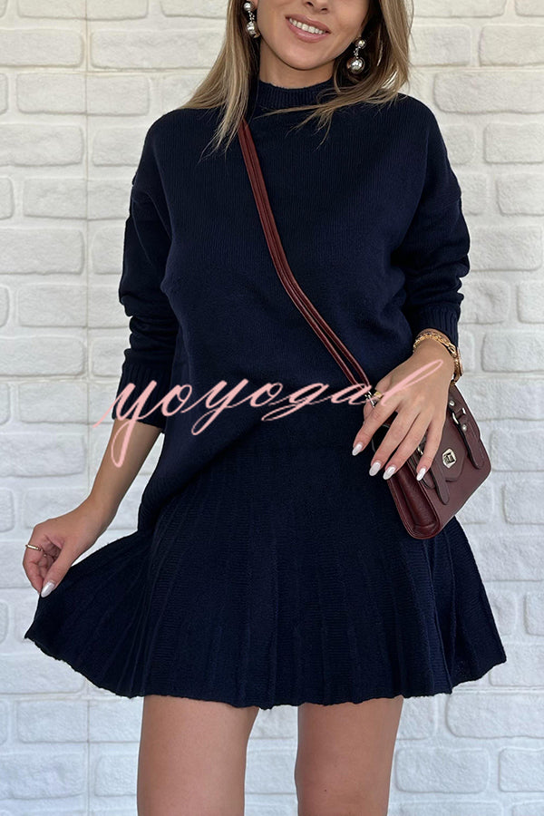 Solid Color Casual Preppy Knit Top and Knit Stretch Pleated Mini Skirt Set