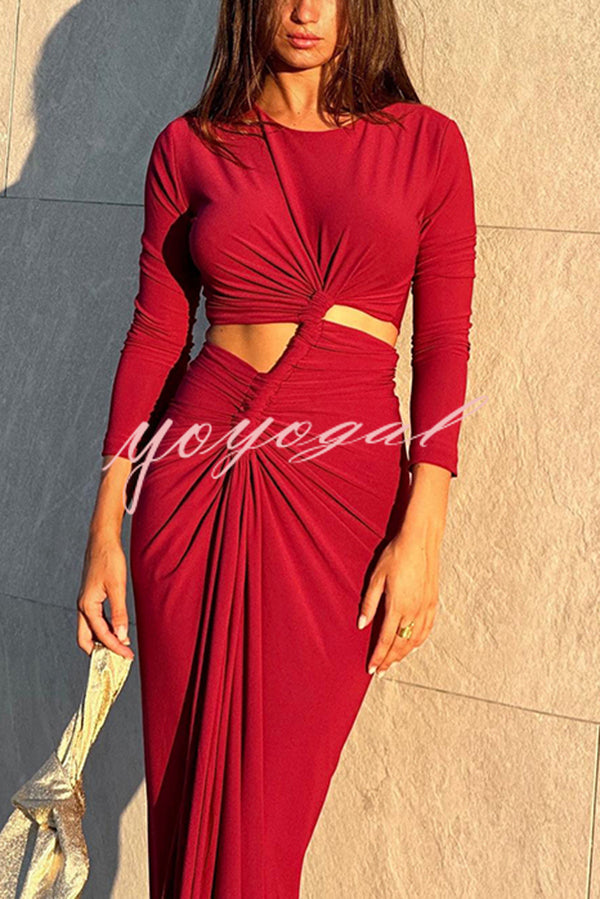 Solid Color Round Neck Long Sleeve Sexy Exposed Waist Slit Maxi Dress