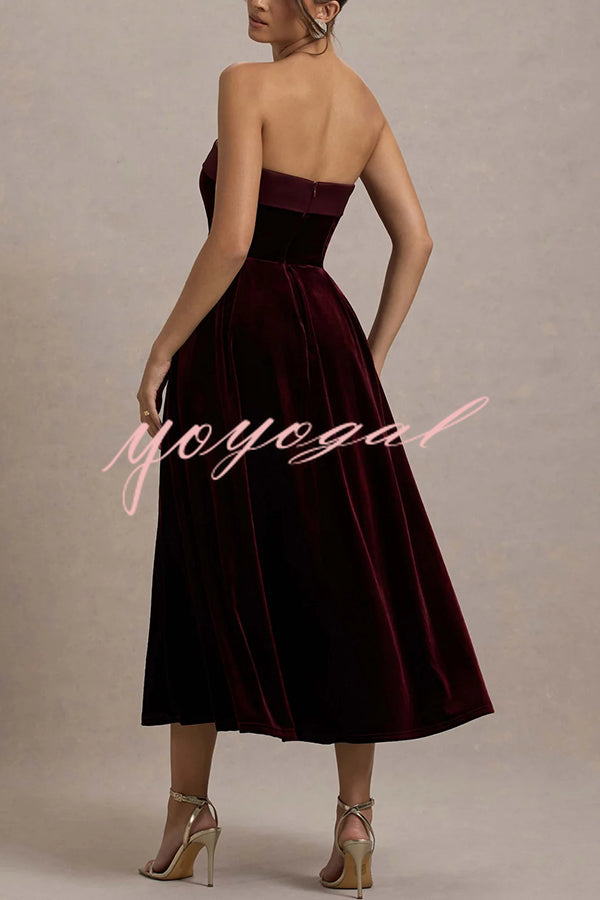 Center of Attention Velvet Satin Neck Bandeau Pleated Midi Dress