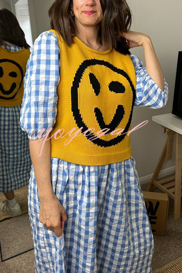 Always Happy Face Knit Unique Pattern Versatile Loose Tank Top