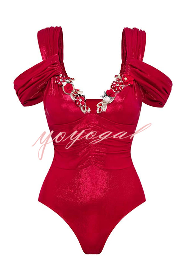 Solid Color Shiny Fabric Deep V Metal Embellished Stretch One-piece Swimsuit