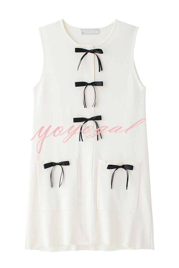 Stylish Contrasting Bow-embellished Pocket Knit Mini Dress