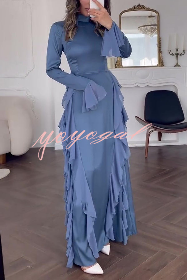 Cline Solid Color High Neck Long Sleeve Elegant Ruffles Maxi Dress