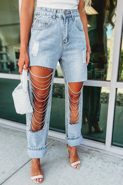 Casual Pocket Ripped Chain Embellished Straight Jeans