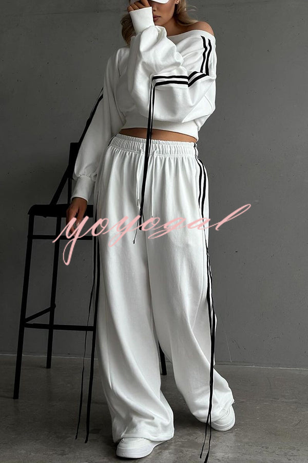 Contrast Color Webbing Casual Sweatshirt and Elastic Waist Tie Loose Pants Set