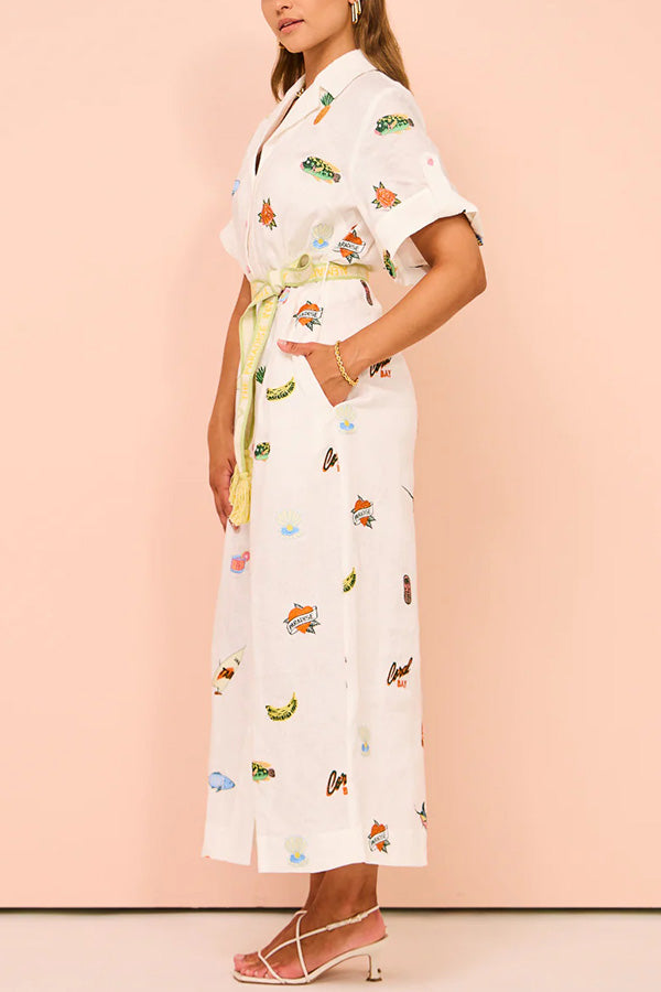 Loretta Cotton Blend Unique Print Fringed Belt Pocketed Shirt Midi Dress