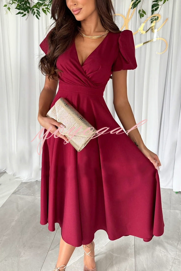 Zayla Solid Color Puff Sleeve V-neck Waist Slim Fit Midi Dress