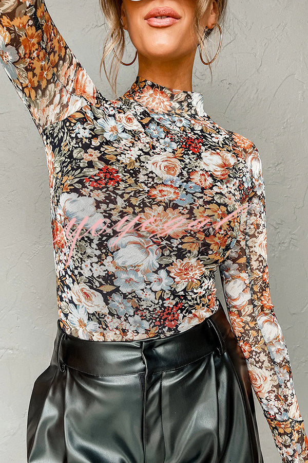 Floral Print Turtleneck Long Sleeve Stretch Bottoming Shirt