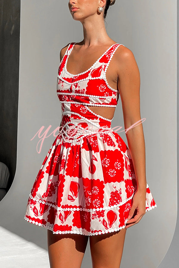 Holiday Colors Ric Rac Trims Unique Print Cutout Round Neck Mini Dress