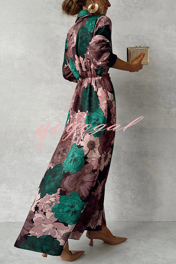 Floral Print Lapel Waisted Lace-up Long-sleeve Maxi Dress