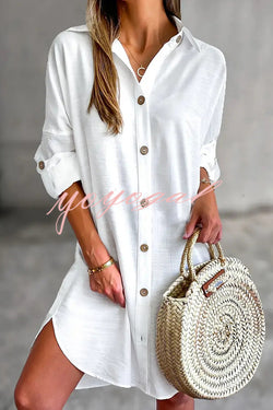 Solid Color Casual Button-Down Shirt Style Mini Dress