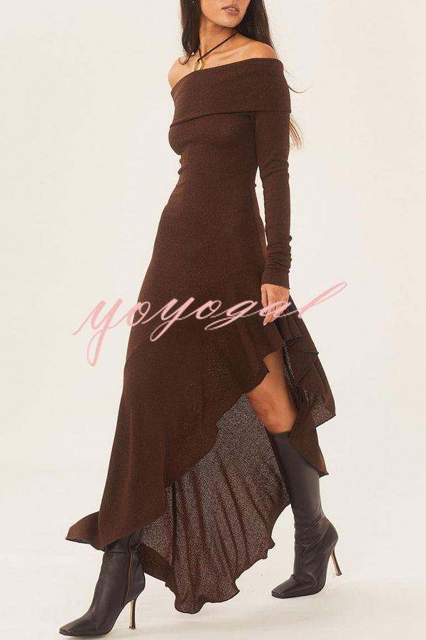 Temperament Off Shoulder Long Sleeve Irregular Hem Stretch Maxi Dress