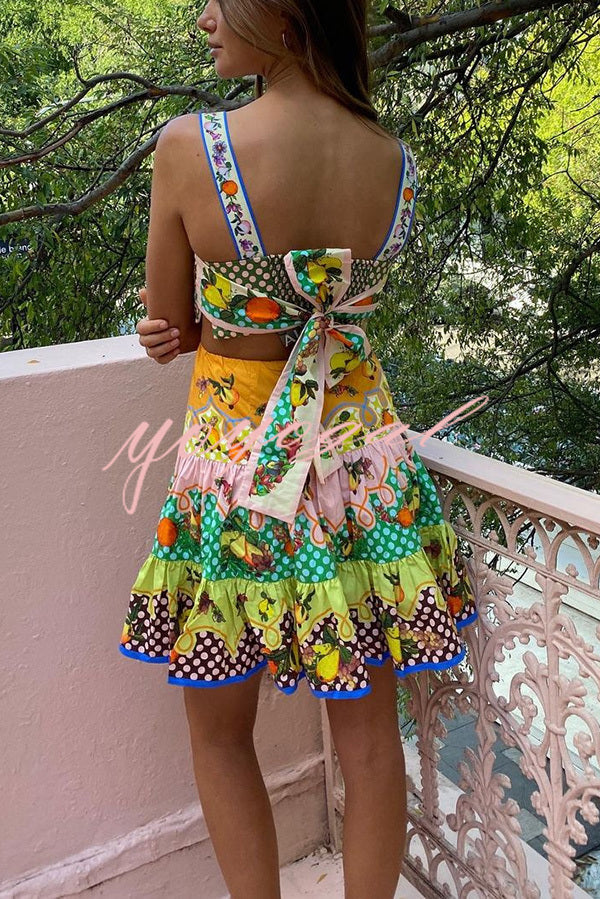 Sweet and Sour Summer Multicolor Lemon Print Pleated Hem Mini Dress