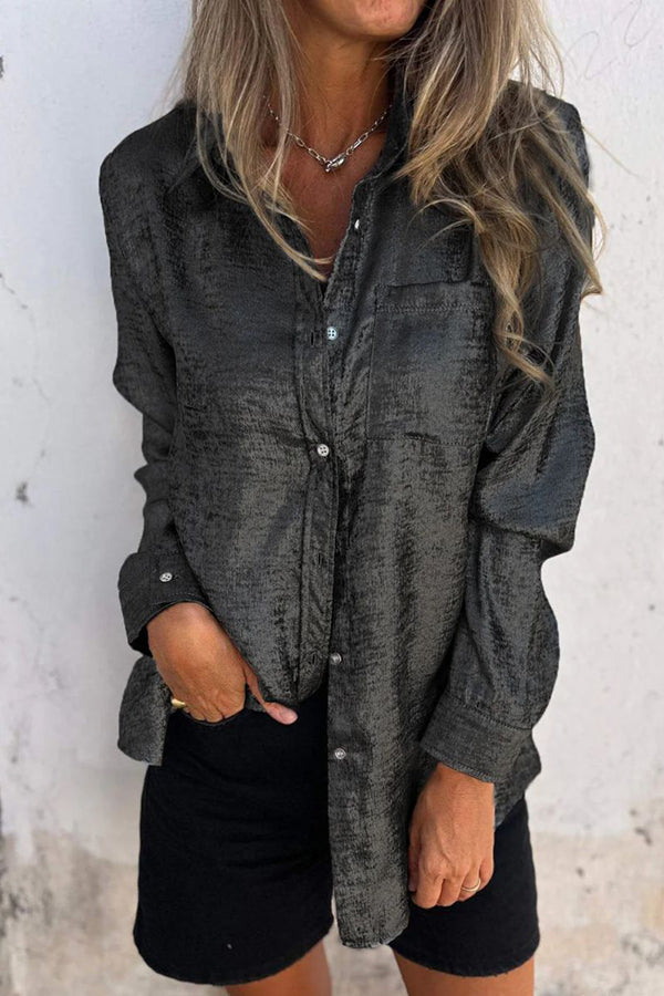 First and Fabulous Metallic Fabric Button Up Long Sleeve Loose Blouse